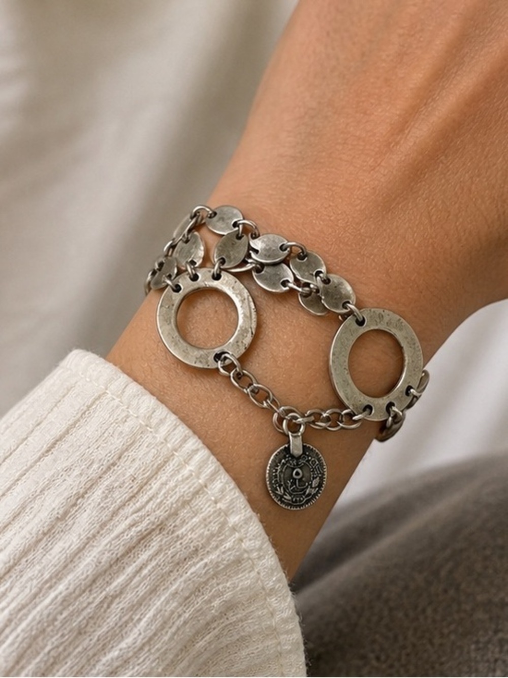 Silver Circle Link Bracelet Coin Charm Boho Chunky Statement Jewelry